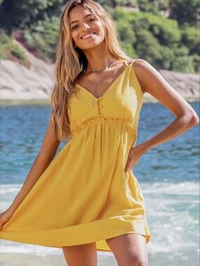 Cupshe Yellow Mini Sundress with Tie-Strap and Button Detail